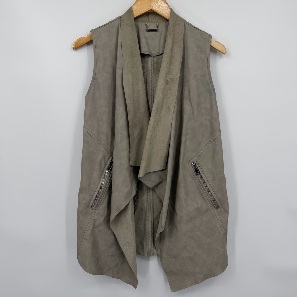 T Tahari Women's Light Gray Faux Leather and Suede Drape Front Layering Vest